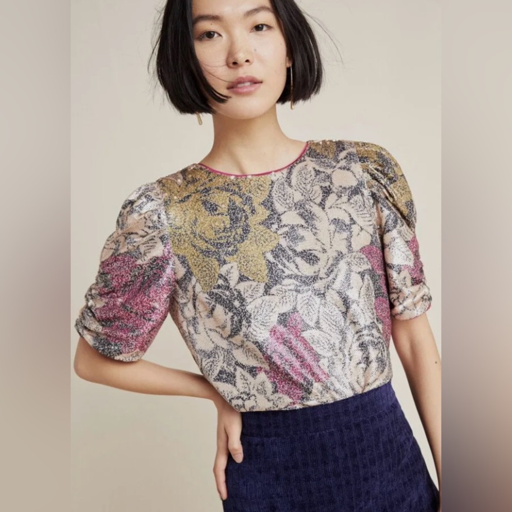 ANTHROPOLOGIE Marie Floral Sequin Blouse Top Size 12 Short Puff Sleeve NWOT